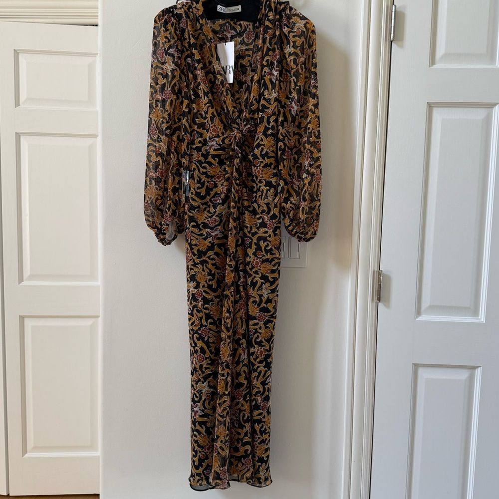 Zara Women Print Dress Knot Black Tan 8117/029 Size M NWT - Picture 7 of 16